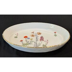 Vintage Lourioux Le Faune Wild Flower Porcelain Oval Casserole Baking Dish